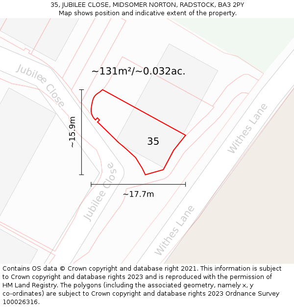35, JUBILEE CLOSE, MIDSOMER NORTON, RADSTOCK, BA3 2PY: Plot and title map