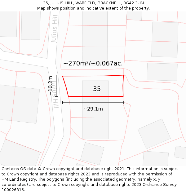35, JULIUS HILL, WARFIELD, BRACKNELL, RG42 3UN: Plot and title map