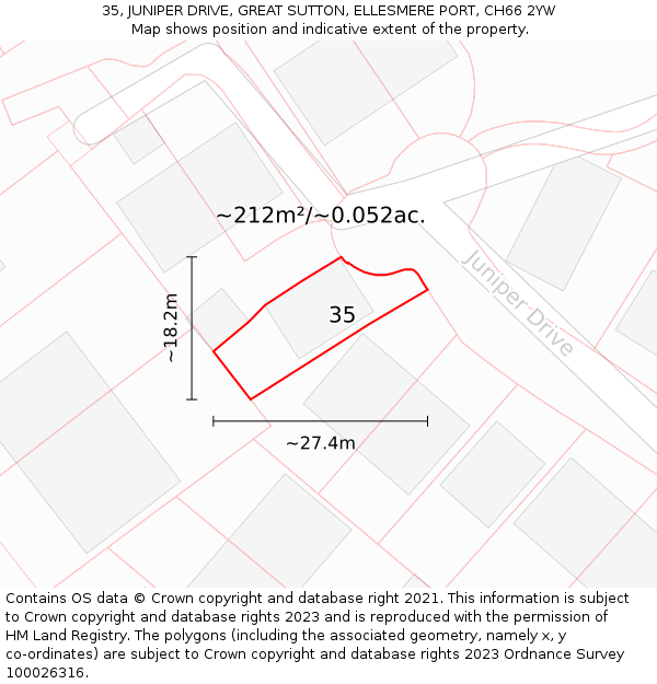 35, JUNIPER DRIVE, GREAT SUTTON, ELLESMERE PORT, CH66 2YW: Plot and title map