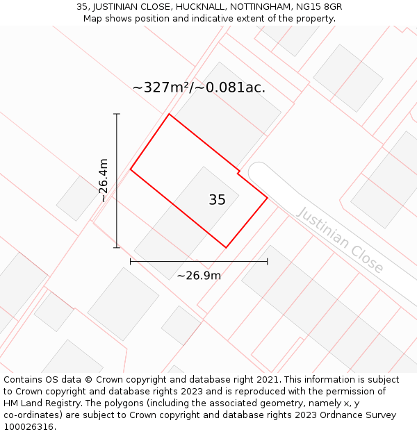 35, JUSTINIAN CLOSE, HUCKNALL, NOTTINGHAM, NG15 8GR: Plot and title map