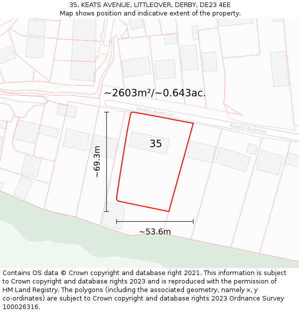 35, KEATS AVENUE, LITTLEOVER, DERBY, DE23 4EE: Plot and title map