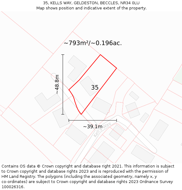 35, KELLS WAY, GELDESTON, BECCLES, NR34 0LU: Plot and title map