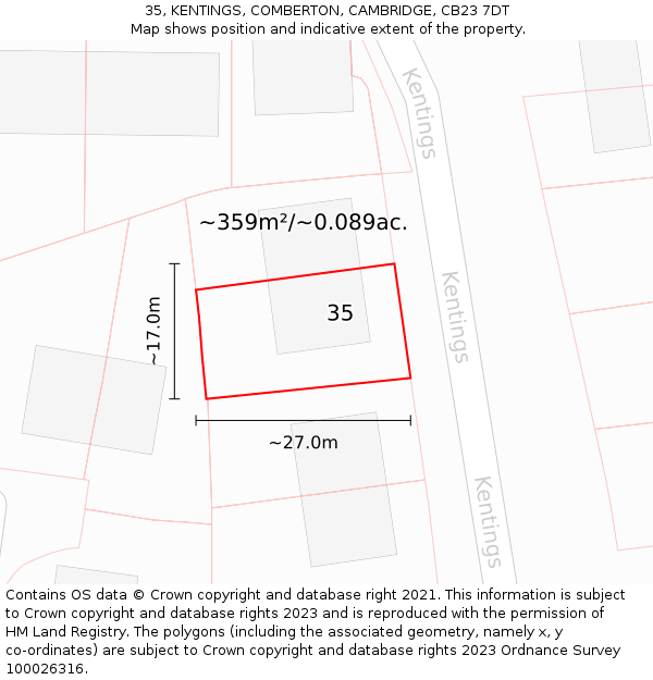 35, KENTINGS, COMBERTON, CAMBRIDGE, CB23 7DT: Plot and title map