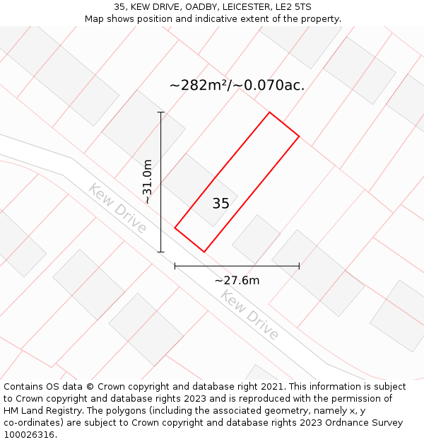 35, KEW DRIVE, OADBY, LEICESTER, LE2 5TS: Plot and title map