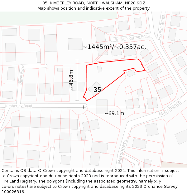 35, KIMBERLEY ROAD, NORTH WALSHAM, NR28 9DZ: Plot and title map