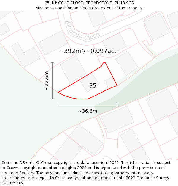 35, KINGCUP CLOSE, BROADSTONE, BH18 9GS: Plot and title map