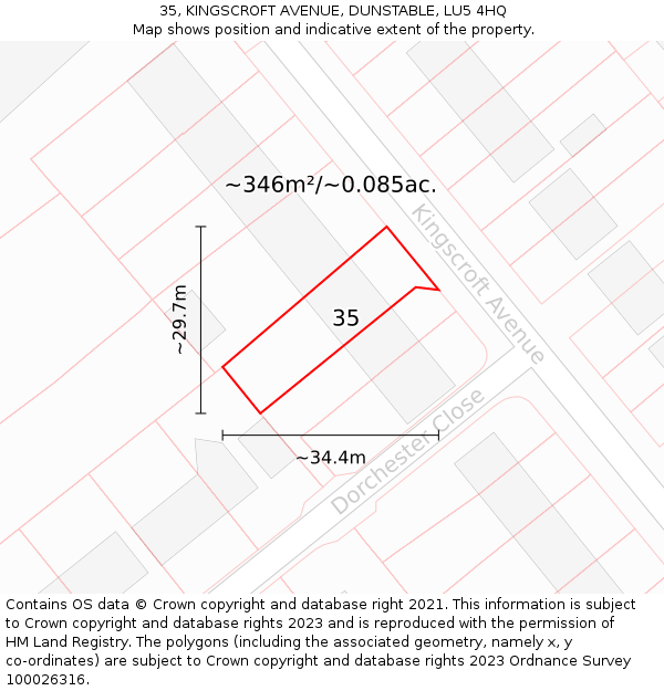 35, KINGSCROFT AVENUE, DUNSTABLE, LU5 4HQ: Plot and title map