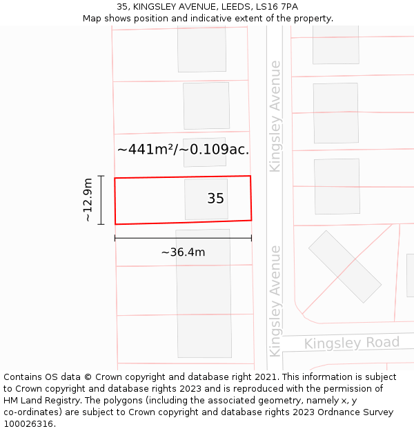 35, KINGSLEY AVENUE, LEEDS, LS16 7PA: Plot and title map