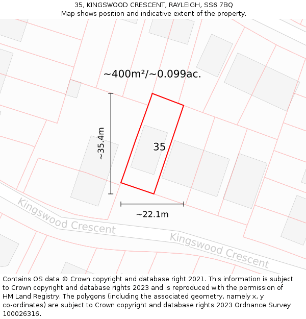 35, KINGSWOOD CRESCENT, RAYLEIGH, SS6 7BQ: Plot and title map