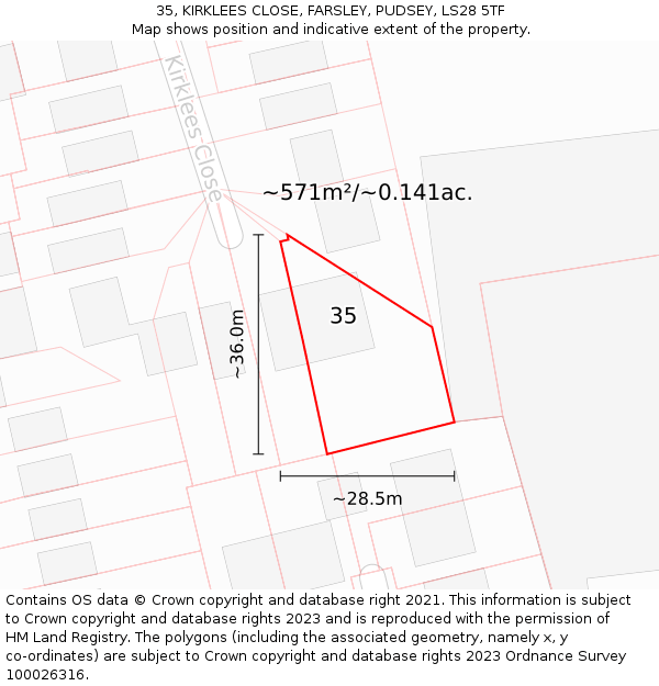 35, KIRKLEES CLOSE, FARSLEY, PUDSEY, LS28 5TF: Plot and title map