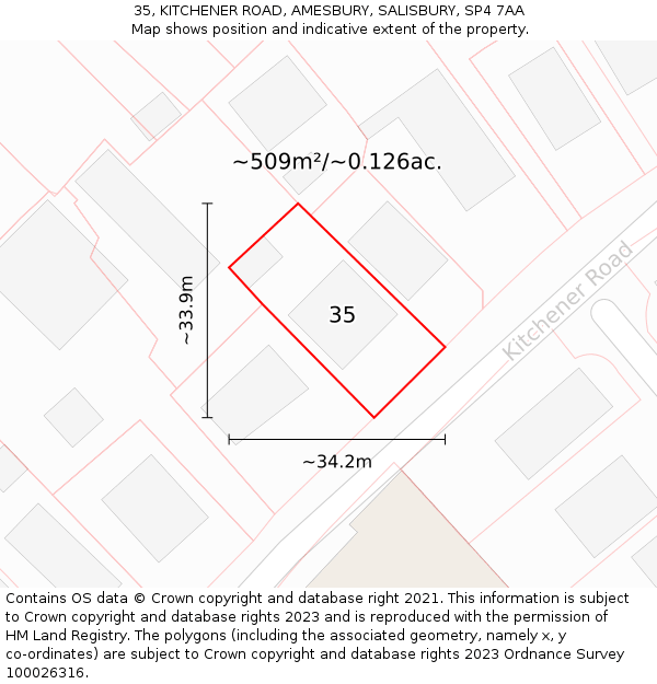 35, KITCHENER ROAD, AMESBURY, SALISBURY, SP4 7AA: Plot and title map