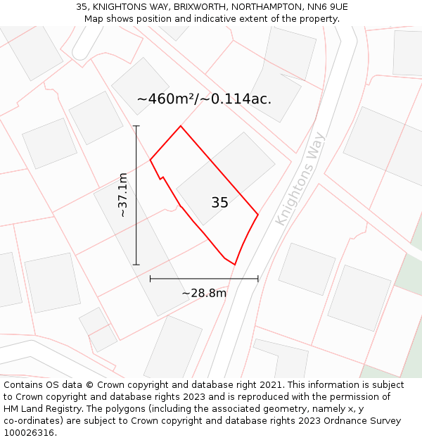 35, KNIGHTONS WAY, BRIXWORTH, NORTHAMPTON, NN6 9UE: Plot and title map