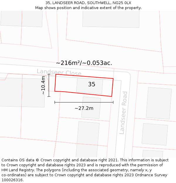 35, LANDSEER ROAD, SOUTHWELL, NG25 0LX: Plot and title map