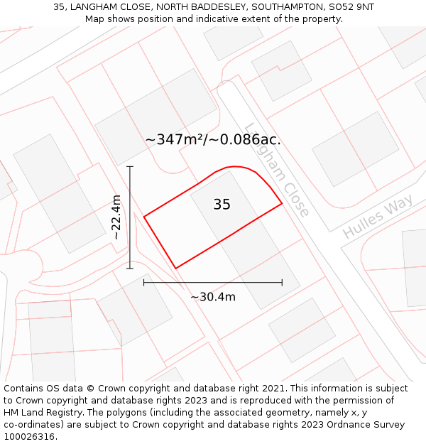 35, LANGHAM CLOSE, NORTH BADDESLEY, SOUTHAMPTON, SO52 9NT: Plot and title map