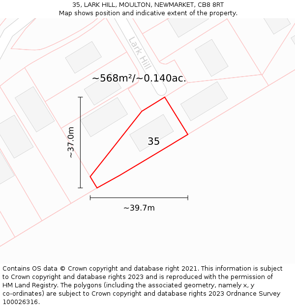 35, LARK HILL, MOULTON, NEWMARKET, CB8 8RT: Plot and title map