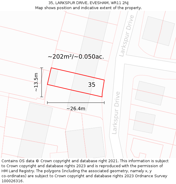35, LARKSPUR DRIVE, EVESHAM, WR11 2NJ: Plot and title map