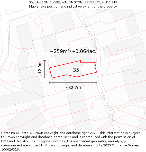 35, LAWSON CLOSE, WALKINGTON, BEVERLEY, HU17 8TR: Plot and title map