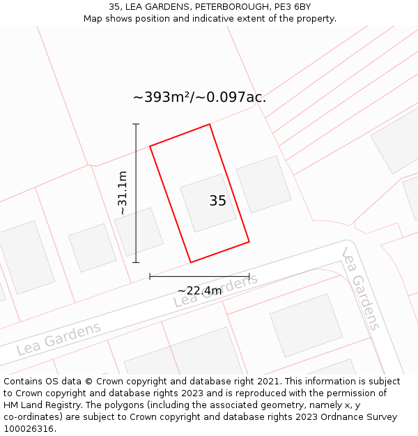 35, LEA GARDENS, PETERBOROUGH, PE3 6BY: Plot and title map