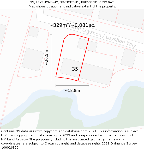 35, LEYSHON WAY, BRYNCETHIN, BRIDGEND, CF32 9AZ: Plot and title map