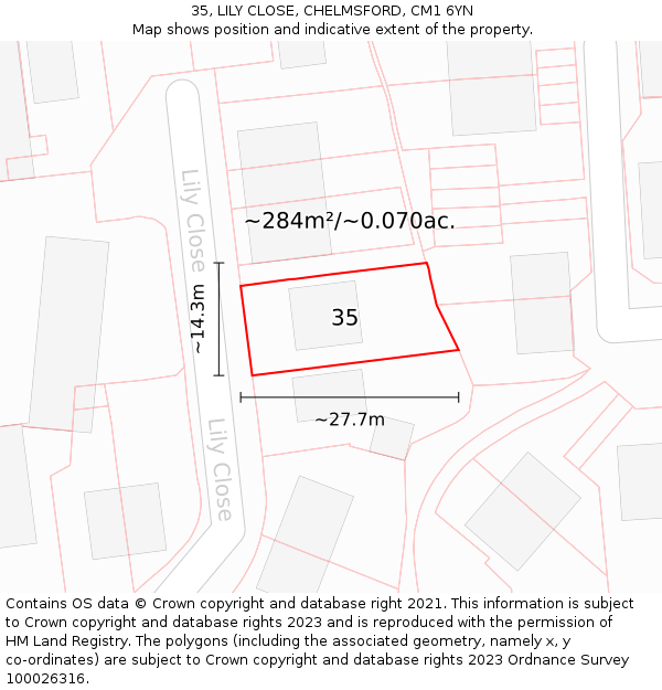 35, LILY CLOSE, CHELMSFORD, CM1 6YN: Plot and title map