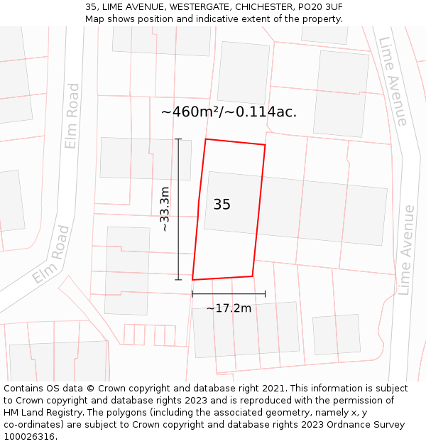 35, LIME AVENUE, WESTERGATE, CHICHESTER, PO20 3UF: Plot and title map