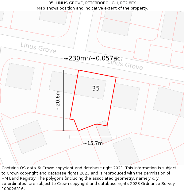 35, LINUS GROVE, PETERBOROUGH, PE2 8FX: Plot and title map