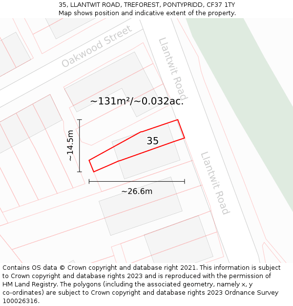 35, LLANTWIT ROAD, TREFOREST, PONTYPRIDD, CF37 1TY: Plot and title map