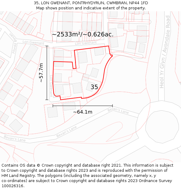 35, LON GWENANT, PONTRHYDYRUN, CWMBRAN, NP44 1FD: Plot and title map