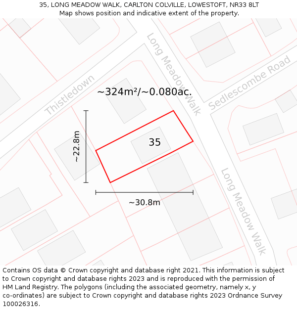 35, LONG MEADOW WALK, CARLTON COLVILLE, LOWESTOFT, NR33 8LT: Plot and title map