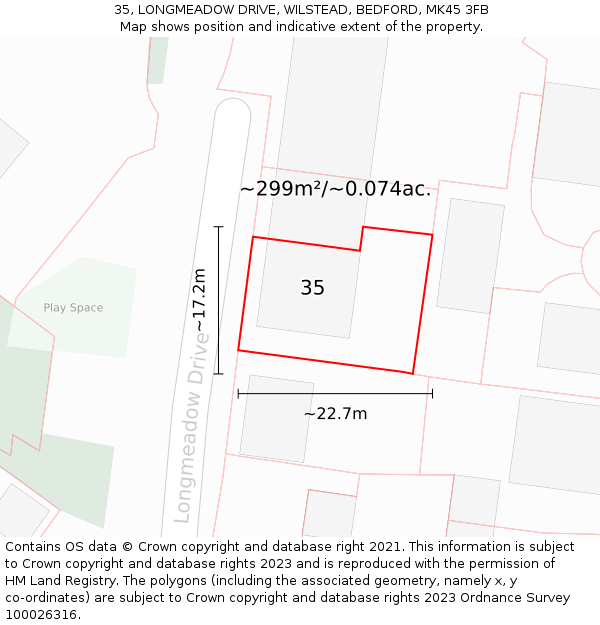 35, LONGMEADOW DRIVE, WILSTEAD, BEDFORD, MK45 3FB: Plot and title map