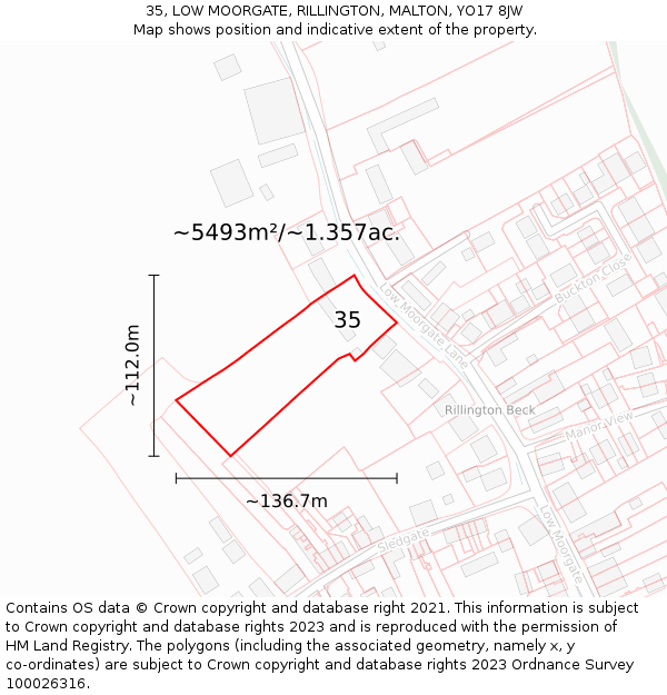 35, LOW MOORGATE, RILLINGTON, MALTON, YO17 8JW: Plot and title map