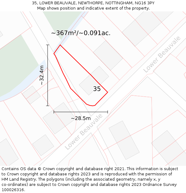 35, LOWER BEAUVALE, NEWTHORPE, NOTTINGHAM, NG16 3PY: Plot and title map