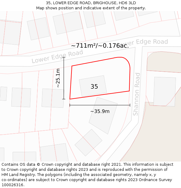 35, LOWER EDGE ROAD, BRIGHOUSE, HD6 3LD: Plot and title map