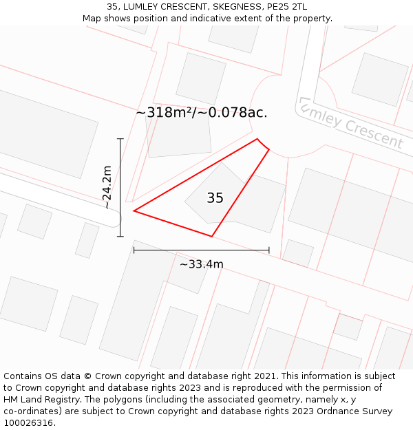 35, LUMLEY CRESCENT, SKEGNESS, PE25 2TL: Plot and title map