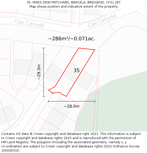 35, MAES DEWI PRITCHARD, BRACKLA, BRIDGEND, CF31 2ET: Plot and title map