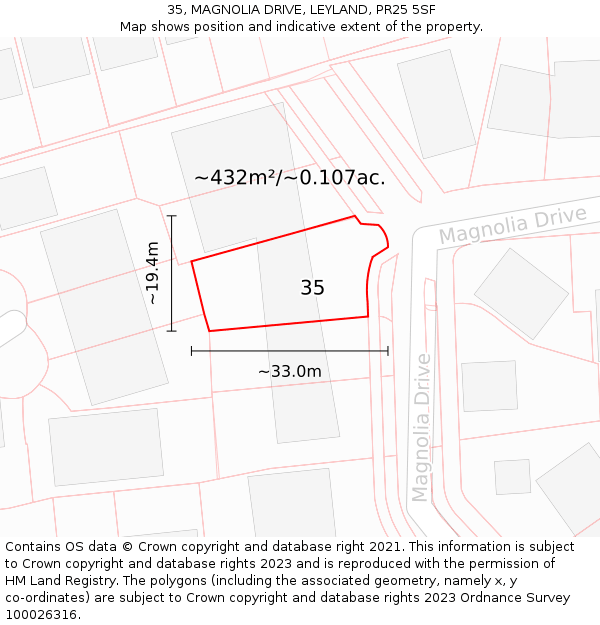 35, MAGNOLIA DRIVE, LEYLAND, PR25 5SF: Plot and title map