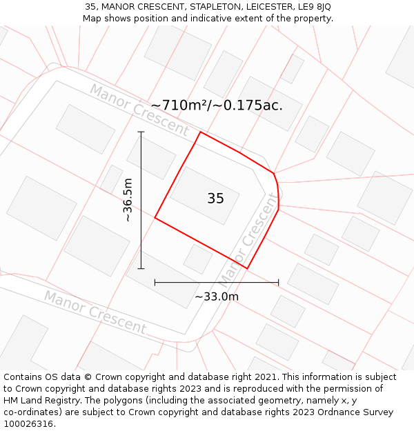 35, MANOR CRESCENT, STAPLETON, LEICESTER, LE9 8JQ: Plot and title map