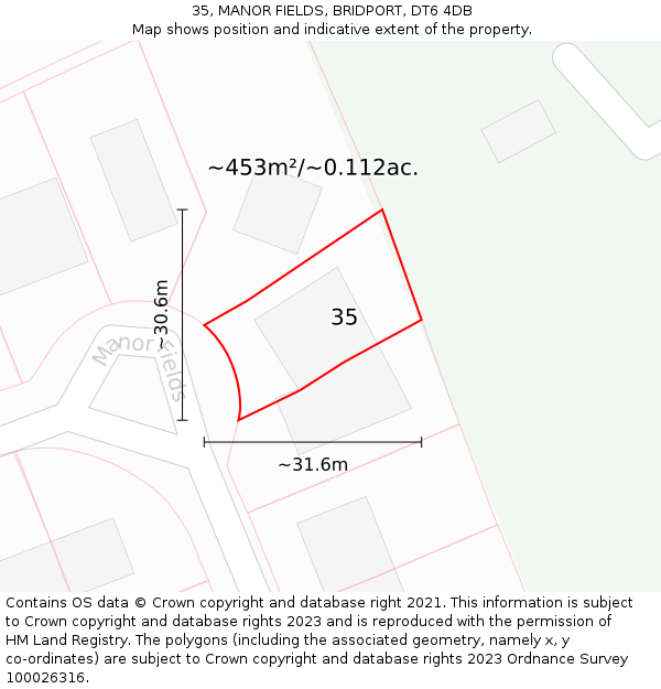 35, MANOR FIELDS, BRIDPORT, DT6 4DB: Plot and title map