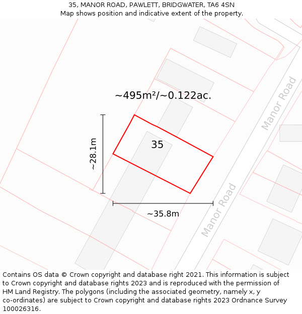 35, MANOR ROAD, PAWLETT, BRIDGWATER, TA6 4SN: Plot and title map