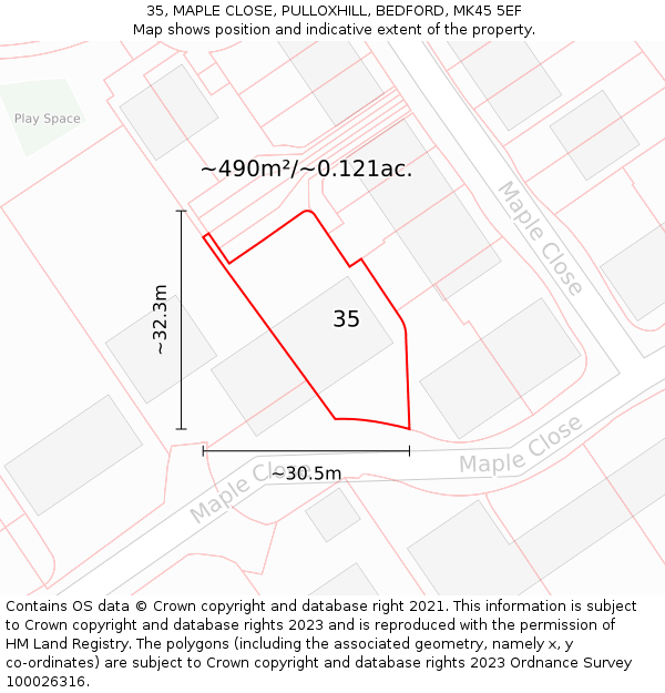 35, MAPLE CLOSE, PULLOXHILL, BEDFORD, MK45 5EF: Plot and title map