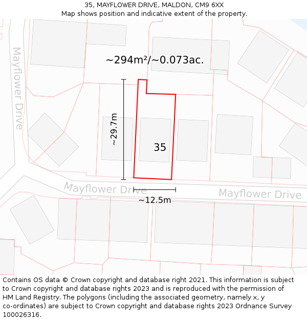 35, MAYFLOWER DRIVE, MALDON, CM9 6XX: Plot and title map