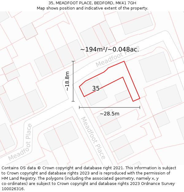 35, MEADFOOT PLACE, BEDFORD, MK41 7GH: Plot and title map