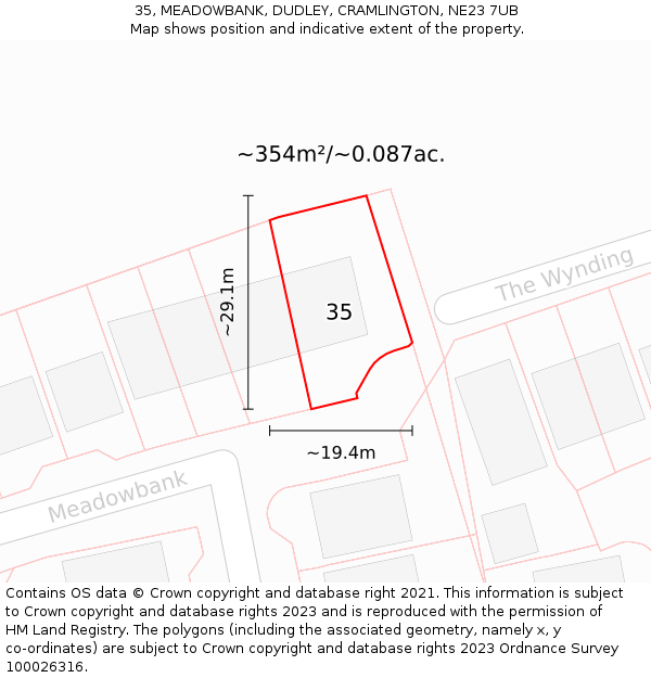 35, MEADOWBANK, DUDLEY, CRAMLINGTON, NE23 7UB: Plot and title map