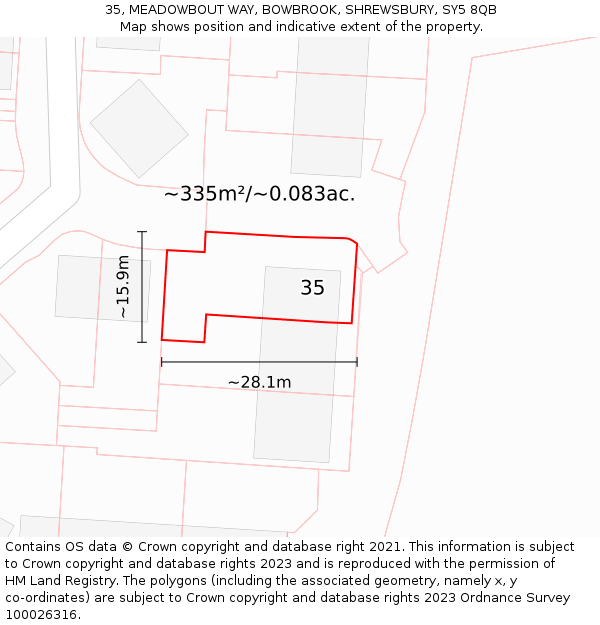 35, MEADOWBOUT WAY, BOWBROOK, SHREWSBURY, SY5 8QB: Plot and title map