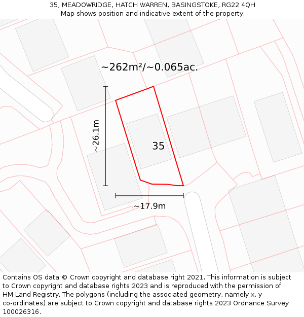 35, MEADOWRIDGE, HATCH WARREN, BASINGSTOKE, RG22 4QH: Plot and title map