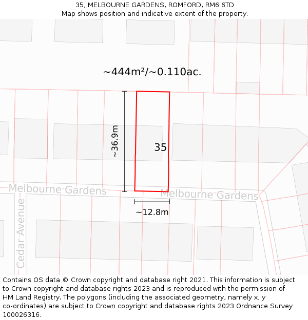 35, MELBOURNE GARDENS, ROMFORD, RM6 6TD: Plot and title map