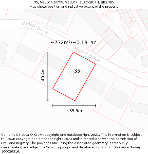 35, MELLOR BROW, MELLOR, BLACKBURN, BB2 7EX: Plot and title map