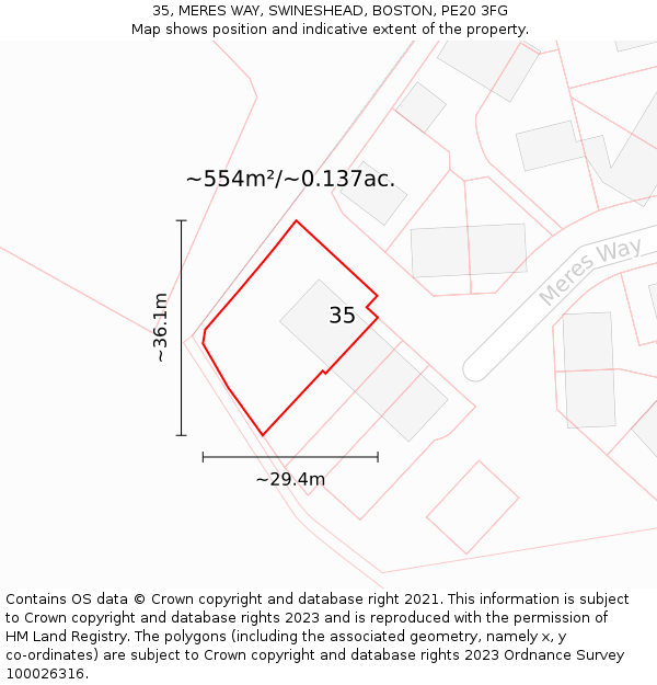 35, MERES WAY, SWINESHEAD, BOSTON, PE20 3FG: Plot and title map