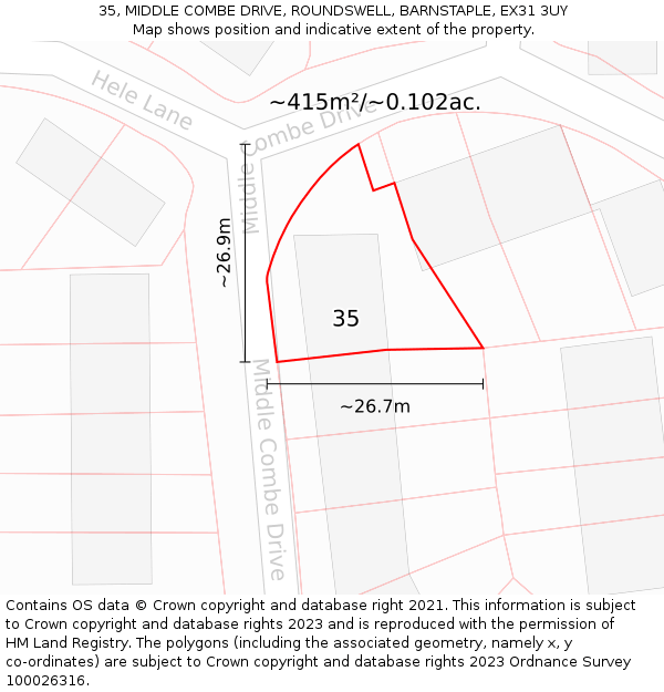 35, MIDDLE COMBE DRIVE, ROUNDSWELL, BARNSTAPLE, EX31 3UY: Plot and title map
