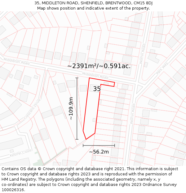 35, MIDDLETON ROAD, SHENFIELD, BRENTWOOD, CM15 8DJ: Plot and title map